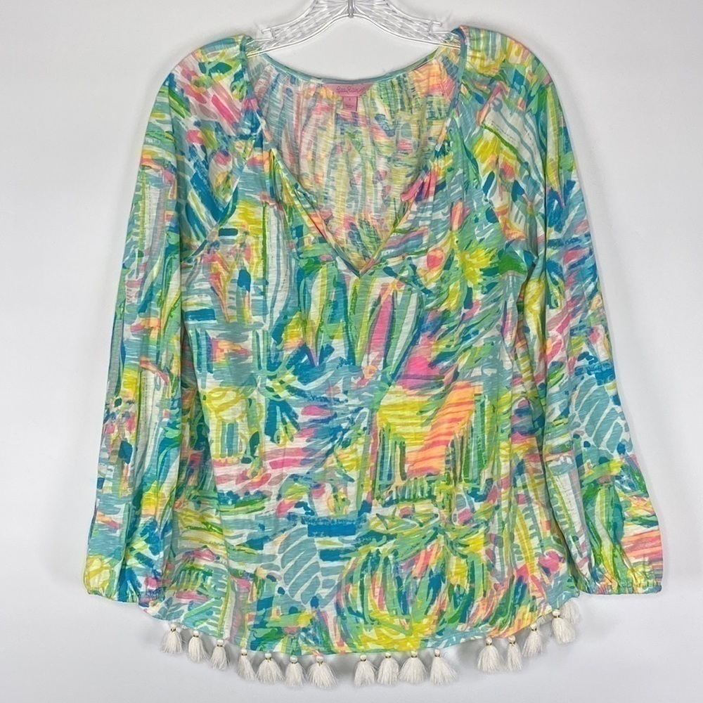 Lilly Pulitzer VNeck Linzy Tunic Sea Salt And Sand Tassel Blouse Small